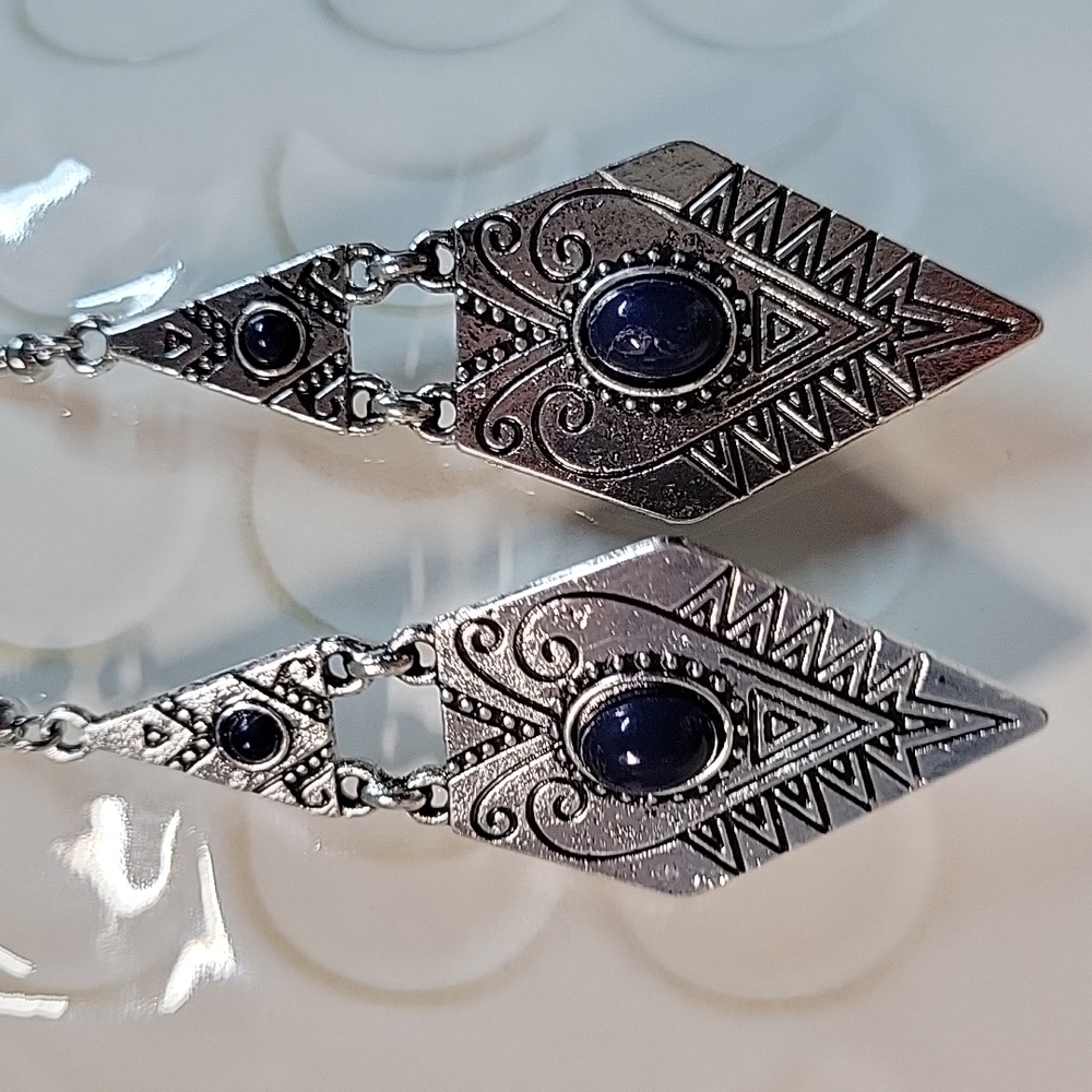 Lapis Geometric Aztec Scrolled Hinge Dangle Earrings - Picture 4 of 8